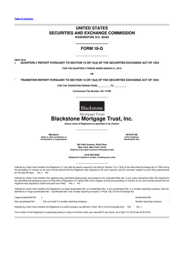 Miniature Blackstone Mortgage Trust
 10-Q Rapport trimestriel 2016 