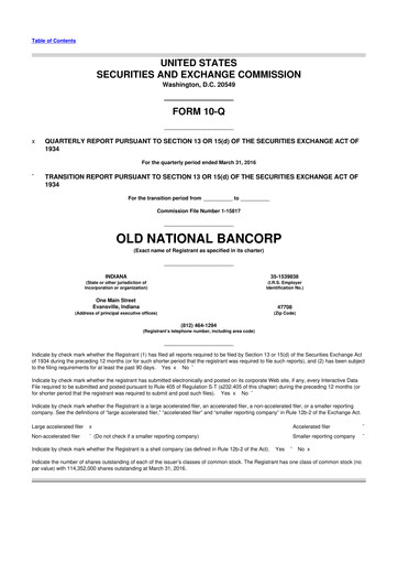 Miniature Old National Bank
 10-Q Rapport trimestriel 2016 