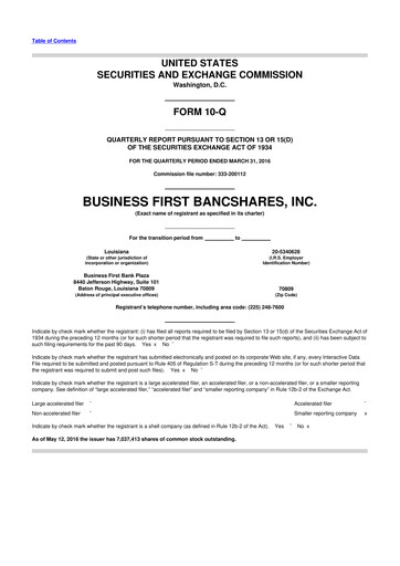 Miniature Business First Bancshares 10-Q Rapport trimestriel 2016 