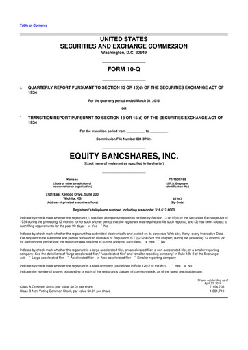 Thumbnail Equity Bancshares 10-Q Quarterly Report FY2016 