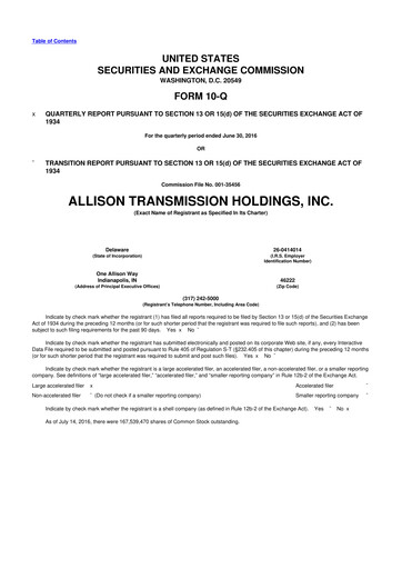 Thumbnail Allison Transmission
 10-Q Quarterly Report FY2016 