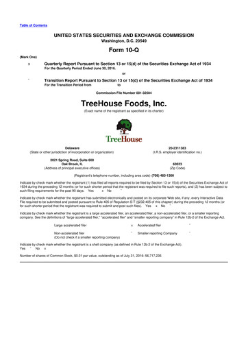 Miniature TreeHouse Foods
 10-Q Rapport trimestriel 2016 