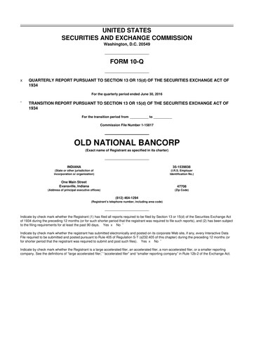 Miniature Old National Bank
 10-Q Rapport trimestriel 2016 