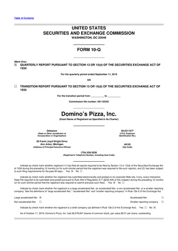 Thumbnail Domino's Pizza 10-Q Quarterly Report FY2016 
