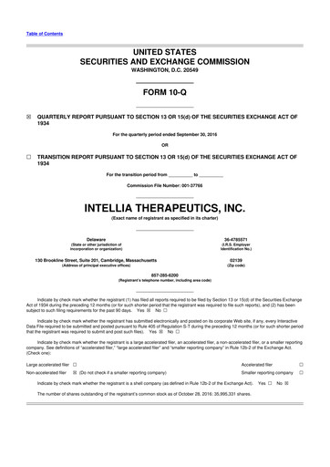 Miniature Intellia Therapeutics 10-Q Rapport trimestriel 2016 