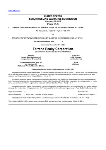 Thumbnail Terreno Realty
 10-Q Quarterly Report FY2016 