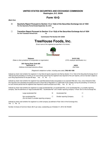Miniature TreeHouse Foods
 10-Q Rapport trimestriel 2016 
