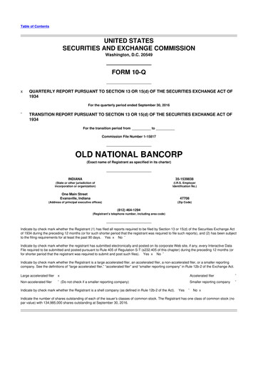 Miniature Old National Bank
 10-Q Rapport trimestriel 2016 