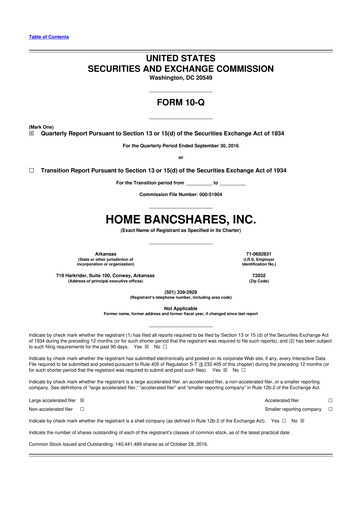 Thumbnail Home BancShares
 10-Q Quarterly Report FY2016 