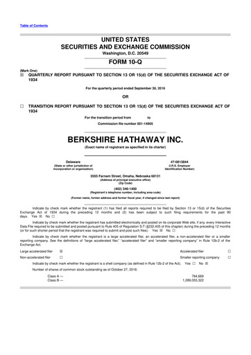 Thumbnail Berkshire Hathaway  10-Q Quarterly Report FY2016 