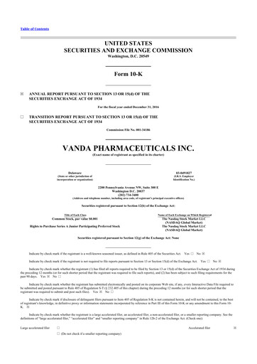 Thumbnail Vanda Pharmaceuticals 10-K Annual Report 2016