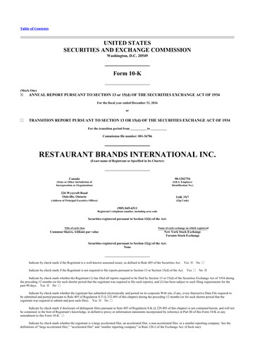 Thumbnail Restaurant Brands International 10-K Annual Report 2016