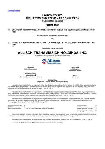 Thumbnail Allison Transmission
 10-Q Quarterly Report FY2017 
