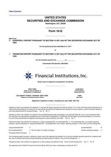 Thumbnail Financial Institutions 10-Q Quarterly Report FY 