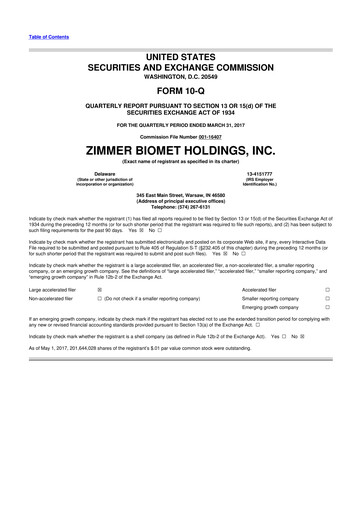 Thumbnail Zimmer Biomet 10-Q Quarterly Report FY2017 