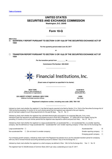 Thumbnail Financial Institutions 10-Q Quarterly Report FY 