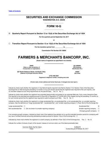 Thumbnail Farmers & Merchants Bancorp 10-Q Quarterly Report FY2017 