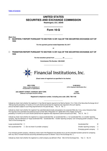 Thumbnail Financial Institutions 10-Q Quarterly Report FY 