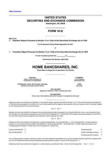 Thumbnail Home BancShares
 10-Q Quarterly Report FY2017 