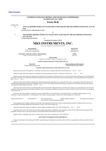 Miniature MKS Instruments 10-K Rapport annuel 2017