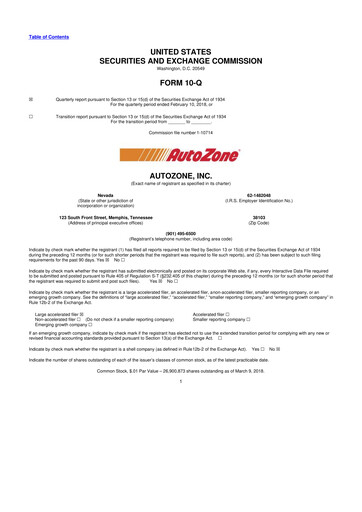 Thumbnail AutoZone 10-Q Quarterly Report FY2018 