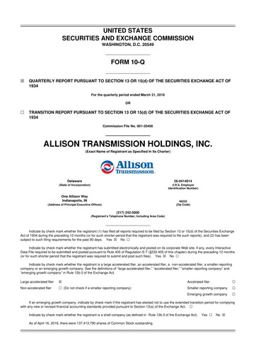 Thumbnail Allison Transmission
 10-Q Quarterly Report FY2018 