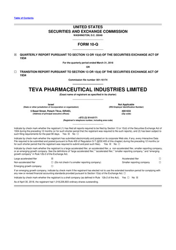 Thumbnail Teva Pharmaceutical Industries 10-Q Quarterly Report FY2018 