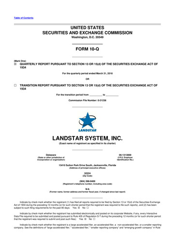 Miniature Landstar System
 10-Q Rapport trimestriel 2018 