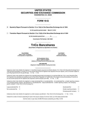 Thumbnail TriCo Bancshares 10-Q Quarterly Report FY2018 