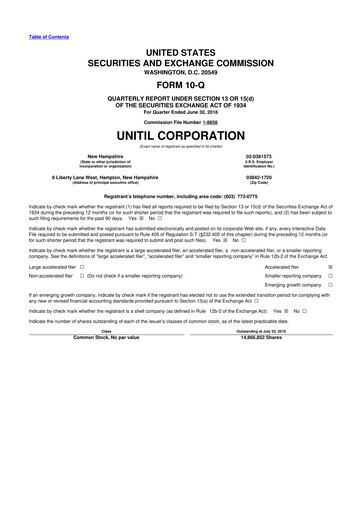 Miniature Unitil Corporation
 10-Q Rapport trimestriel 2018 