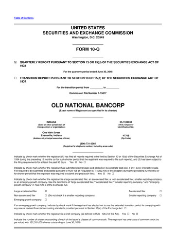 Miniature Old National Bank
 10-Q Rapport trimestriel 2018 