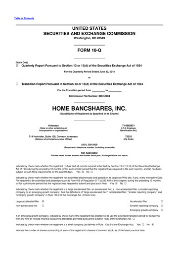 Thumbnail Home BancShares
 10-Q Quarterly Report FY2018 