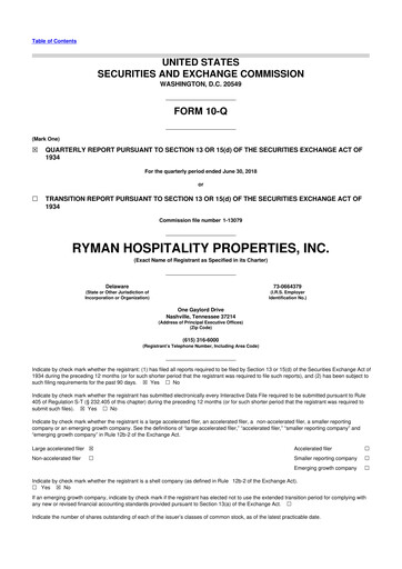 Thumbnail Ryman Hospitality Properties 10-Q Quarterly Report FY2018 