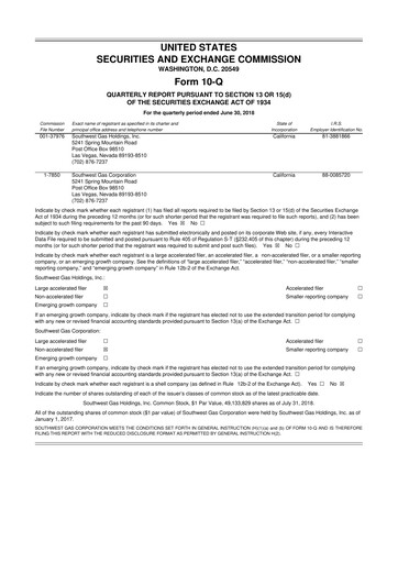 Thumbnail Southwest Gas
 10-Q Quarterly Report FY2018 