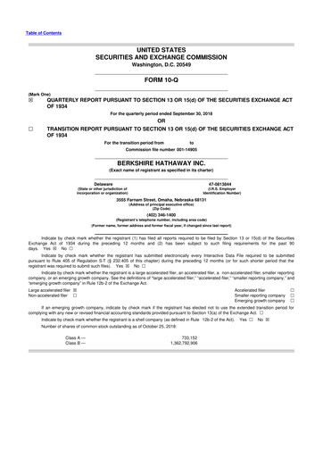 Thumbnail Berkshire Hathaway  10-Q Quarterly Report FY2018 