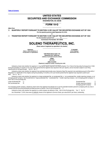 Miniature Soleno Therapeutics 10-Q Rapport trimestriel 2018 