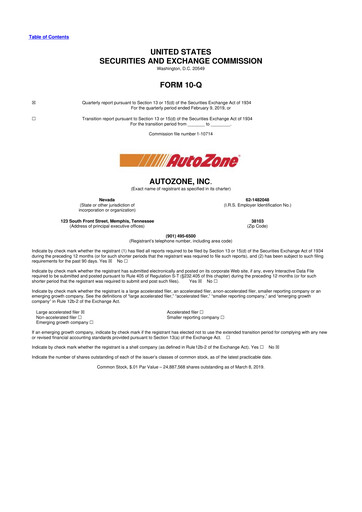 Thumbnail AutoZone 10-Q Quarterly Report FY2019 