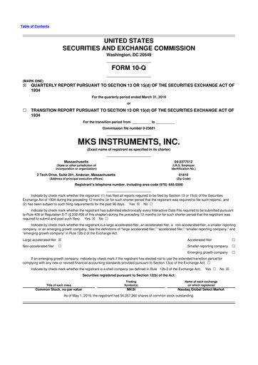 Thumbnail MKS Instruments 10-Q Quarterly Report FY2019 