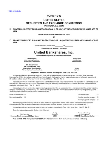 Thumbnail United Bankshares 10-Q Quarterly Report FY2019 