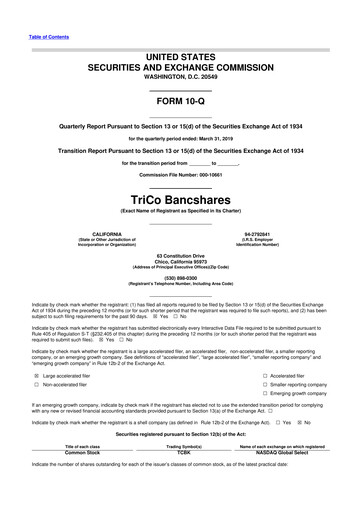 Thumbnail TriCo Bancshares 10-Q Quarterly Report FY2019 