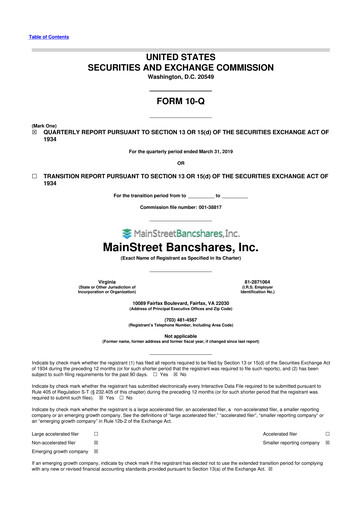 Thumbnail MainStreet Bancshares 10-Q Quarterly Report FY2019 