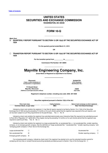 Thumbnail Mayville Engineering Company 10-Q Quarterly Report FY2019 