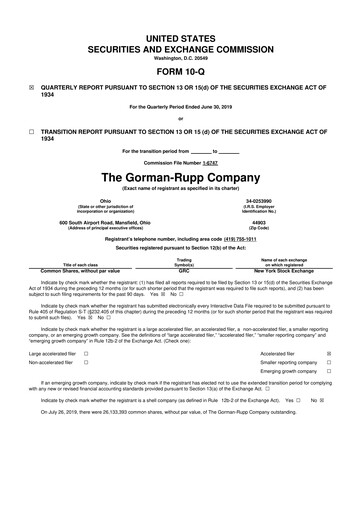 Thumbnail Gorman-Rupp 10-Q Quarterly Report FY2019 