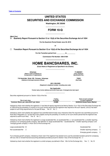 Thumbnail Home BancShares
 10-Q Quarterly Report FY2019 