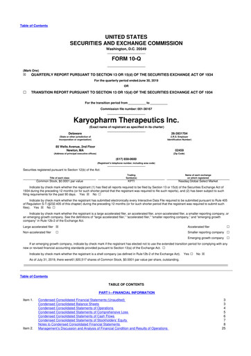 Thumbnail Karyopharm Therapeutics
 10-Q Quarterly Report FY2019 