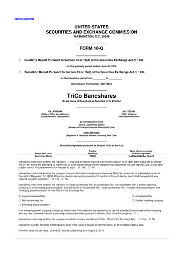 Thumbnail TriCo Bancshares 10-Q Quarterly Report FY2019 
