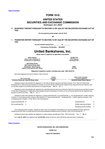 Thumbnail United Bankshares 10-Q Quarterly Report FY2019 