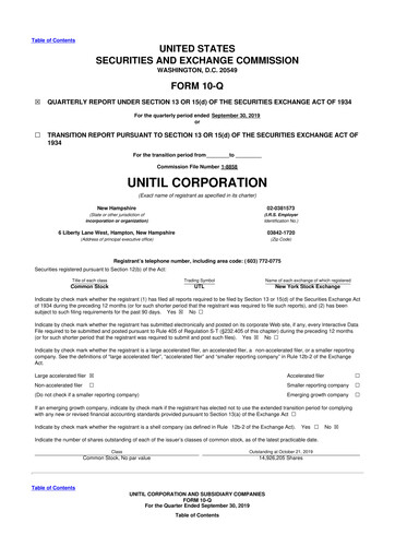 Miniature Unitil Corporation
 10-Q Rapport trimestriel 2019 