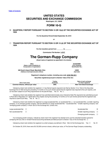 Thumbnail Gorman-Rupp 10-Q Quarterly Report FY2019 