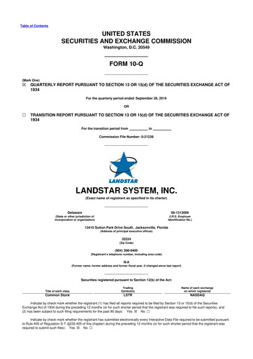 Miniature Landstar System
 10-Q Rapport trimestriel 2019 